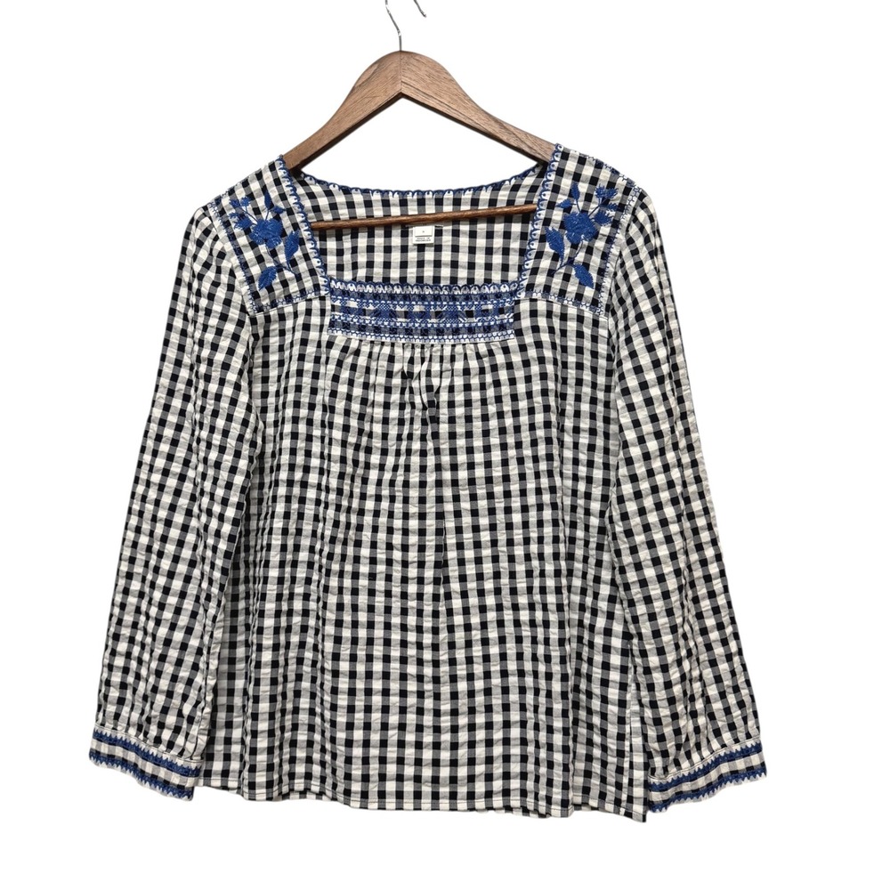 J.Crew Blouse Womens S Gingham Embroidered Square Neck Cottagecore Peasant Boho
